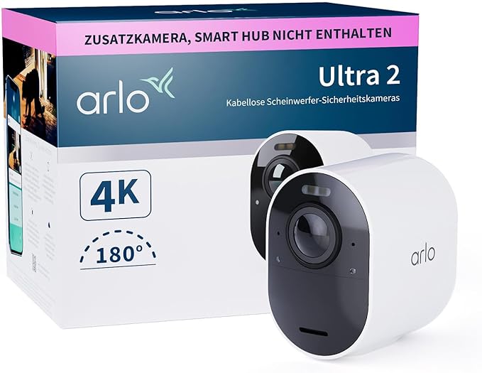 Arlo Ultra 2 Home Security Camera System featuring 4K video resolution, color night vision, and weather-resistant design for outdoor and indoor monitoring