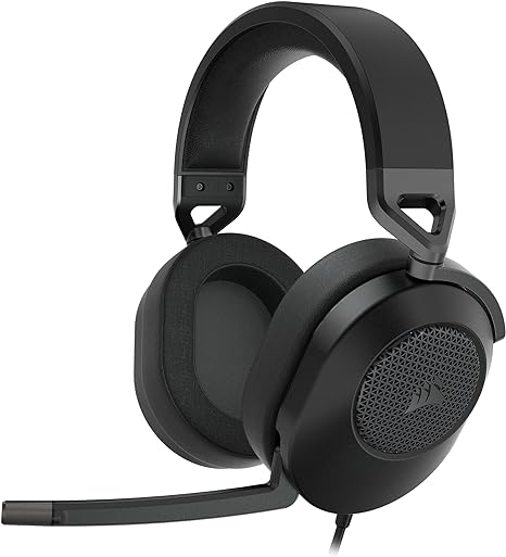 Corsair HS65 Surround gaming headset with adjustable memory foam ear cups, immersive 7.1 surround sound, and lightweight design for extended gaming comfort.