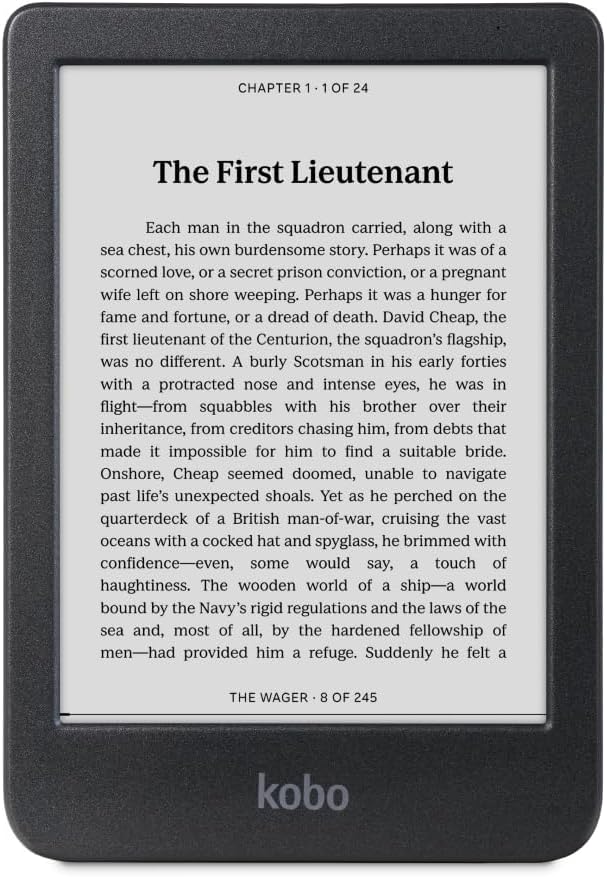 Kobo Clara BW e-reader with 6-inch glare-free display, ComfortLight backlight, and lightweight design for comfortable reading day and night.