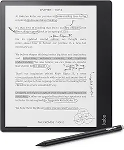 Kobo Elipsa e-reader and writing tablet with a 10.3-inch glare-free display, adjustable backlight, and included stylus for reading, annotating, and note-taking.