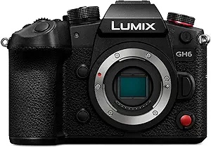 Panasonic Lumix GH6 mirrorless camera with 25MP sensor, 5.7K video recording, advanced image stabilization, and robust design for professional photography and videography.