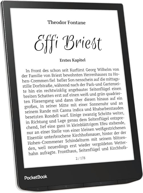 PocketBook InkPad 4 e-reader with 7.8-inch glare-free display, adjustable SMARTlight, waterproof design, and audiobook support for versatile reading experiences.