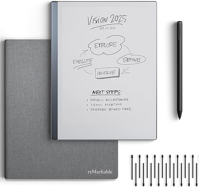 ReMarkable 2 digital paper tablet with 10.3-inch glare-free display, ultra-slim design, and stylus support for note-taking, reading, and sketching. e-reader with big e-ink display